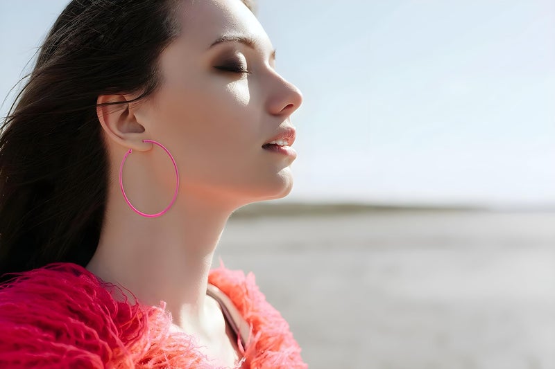 IDB Productions IDB Pink Hoop Earrings for Women, 2.3 Inch (60mm) Classic Stainless Steel Hot Pink Hoops, Elegant and Durable 80's Retro Style - Image 4
